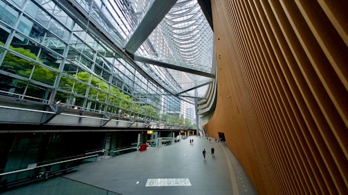 A vast, modern architectural space with a high glass ceiling and expansive windows. The right side features a large, curved, textured wall, while the left side displays lush greenery visible through glass panels. People are seen walking on the gray floor, providing a sense of scale.