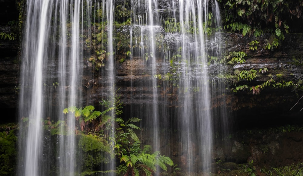 a very tall waterfall in the middle of a forest