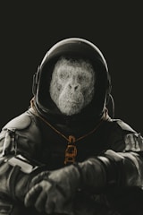 A figure in a dark astronaut suit with a helmet and an abstract, wire-like structure forms the face. The scene is dimly lit, creating a mysterious and futuristic atmosphere.