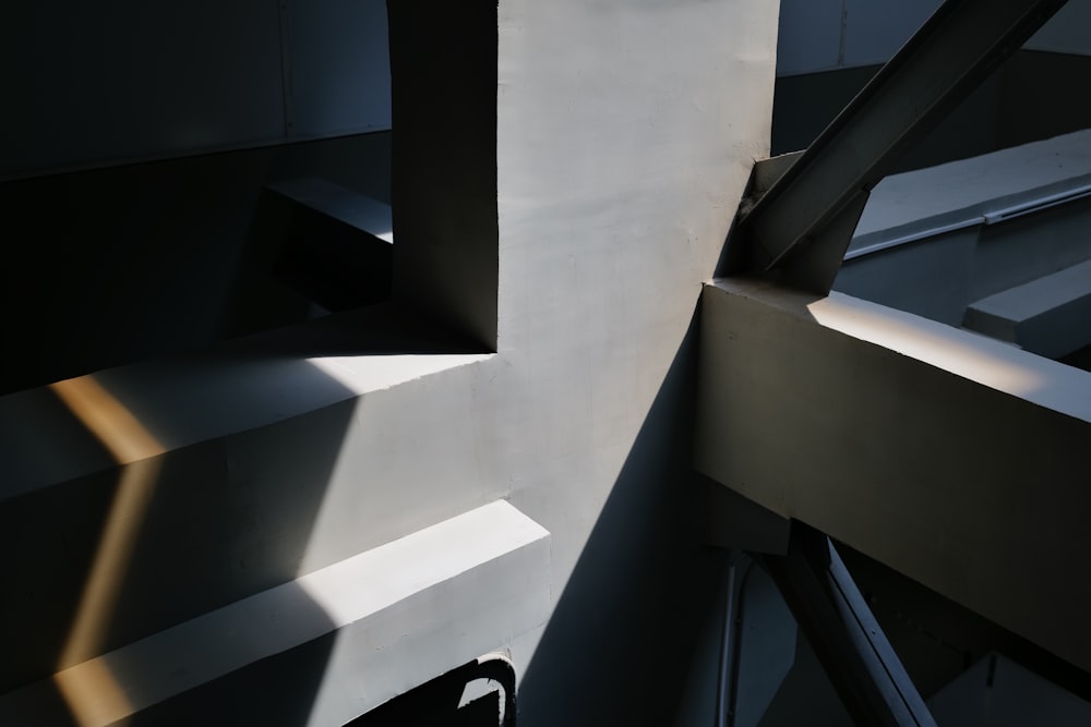 a black and white photo of a stairwell