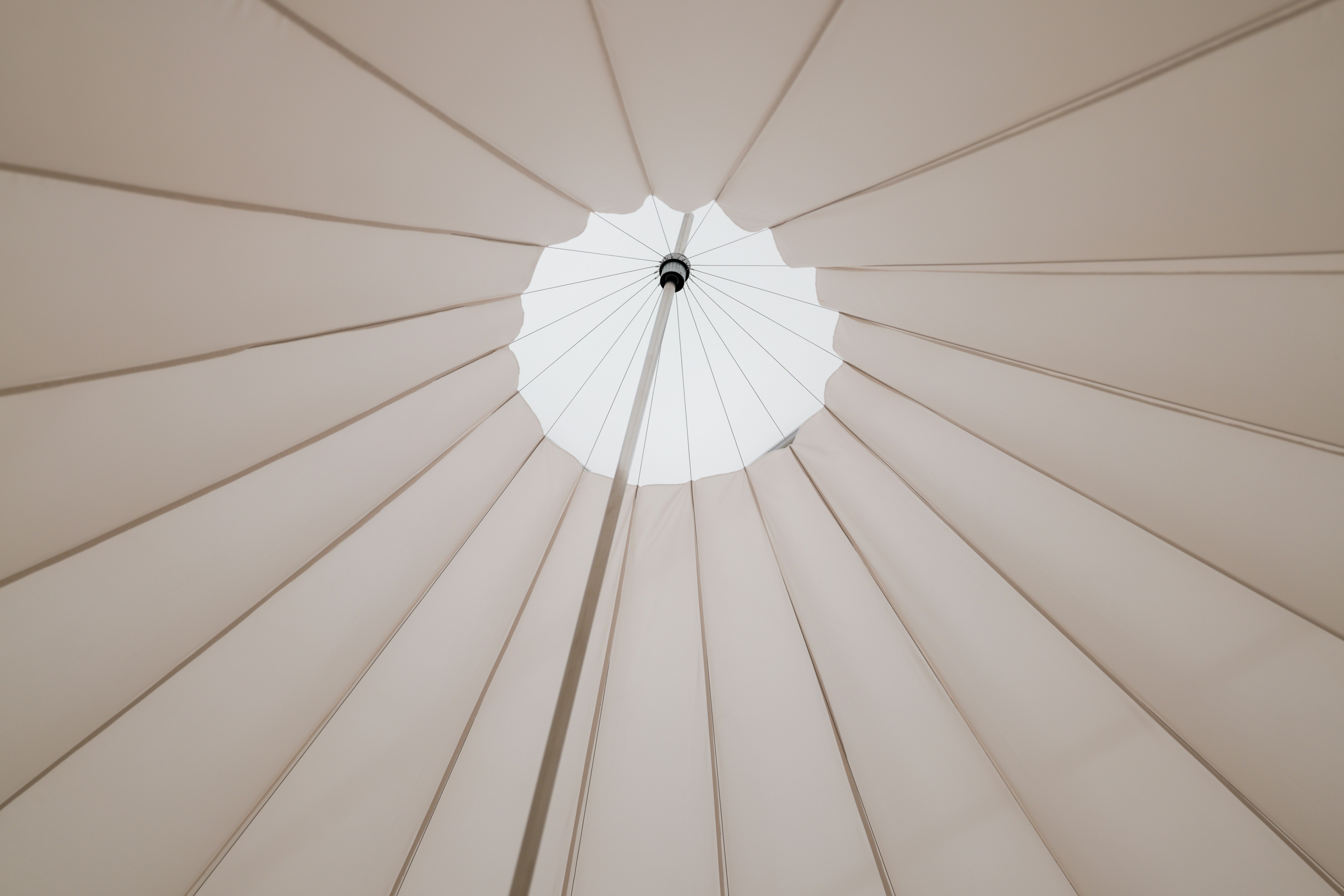 a close up of a white umbrella with a white background, Inside a white umbrella