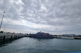 A ship with the text 'TOP TOURS' is docked at a pier alongside another smaller vessel. The scene is set under a cloudy sky with some sunlight filtering through, and a few birds can be seen flying above. The water in the foreground is calm, reflecting the blue and gray tones of the sky.