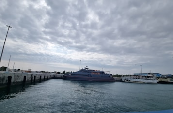 A ship with the text 'TOP TOURS' is docked at a pier alongside another smaller vessel. The scene is set under a cloudy sky with some sunlight filtering through, and a few birds can be seen flying above. The water in the foreground is calm, reflecting the blue and gray tones of the sky.