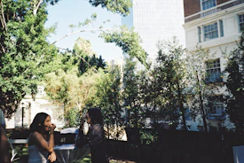 Two people engaging in a lively conversation outdoors with city background in soft focus