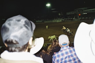 A nighttime rodeo event with several cowboys on horseback chasing a calf. The audience watches from the stands, with people wearing hats and casual clothing. The arena is dimly lit with bright overhead lights illuminating the action. The scene is dynamic and captures the movement and excitement of the rodeo.