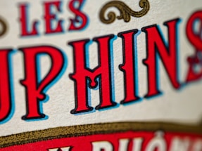 Close-up view of stylized text with bold, vivid red and blue letters outlined in black against a beige textured background. The design includes ornamental scrolls in gold, adding a vintage or classic feel.