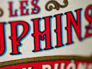 Close-up view of stylized text with bold, vivid red and blue letters outlined in black against a beige textured background. The design includes ornamental scrolls in gold, adding a vintage or classic feel.