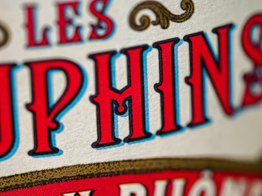 Close-up view of stylized text with bold, vivid red and blue letters outlined in black against a beige textured background. The design includes ornamental scrolls in gold, adding a vintage or classic feel.