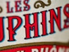 Close-up view of stylized text with bold, vivid red and blue letters outlined in black against a beige textured background. The design includes ornamental scrolls in gold, adding a vintage or classic feel.