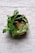 A rustic wooden bowl filled with golden clarified butter surrounded by fresh green herbs on a kitchen counter.