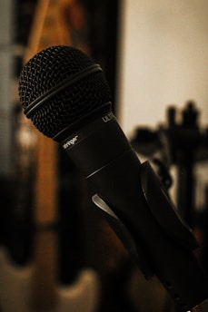 A close-up view of a black microphone with a spherical mesh head and brand name visible. The microphone is mounted on a stand, with a blurred background that might include musical instruments.