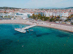 an aerial view of a beach with a pier in the foreground