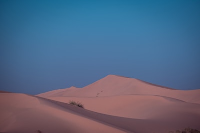 A peaceful scene of rolling desert dunes under a bright blue sky.
