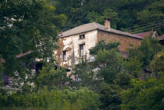 An older brick bungalow with visible wear, surrounded by mature trees and a quiet street.