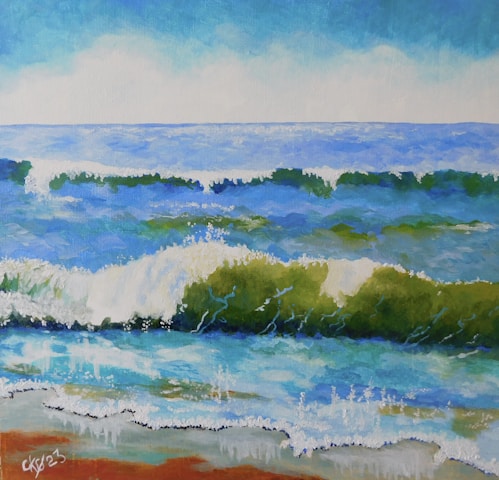 A vibrant seascape painting features waves crashing onto the shore. The upper portion of the image has a clear sky blending into the horizon where the deep blue ocean stretches. The waves vary in shades of blue and green, with white foam accentuating their movement. The foreground includes reflections of the sky and waves on the wet sand.