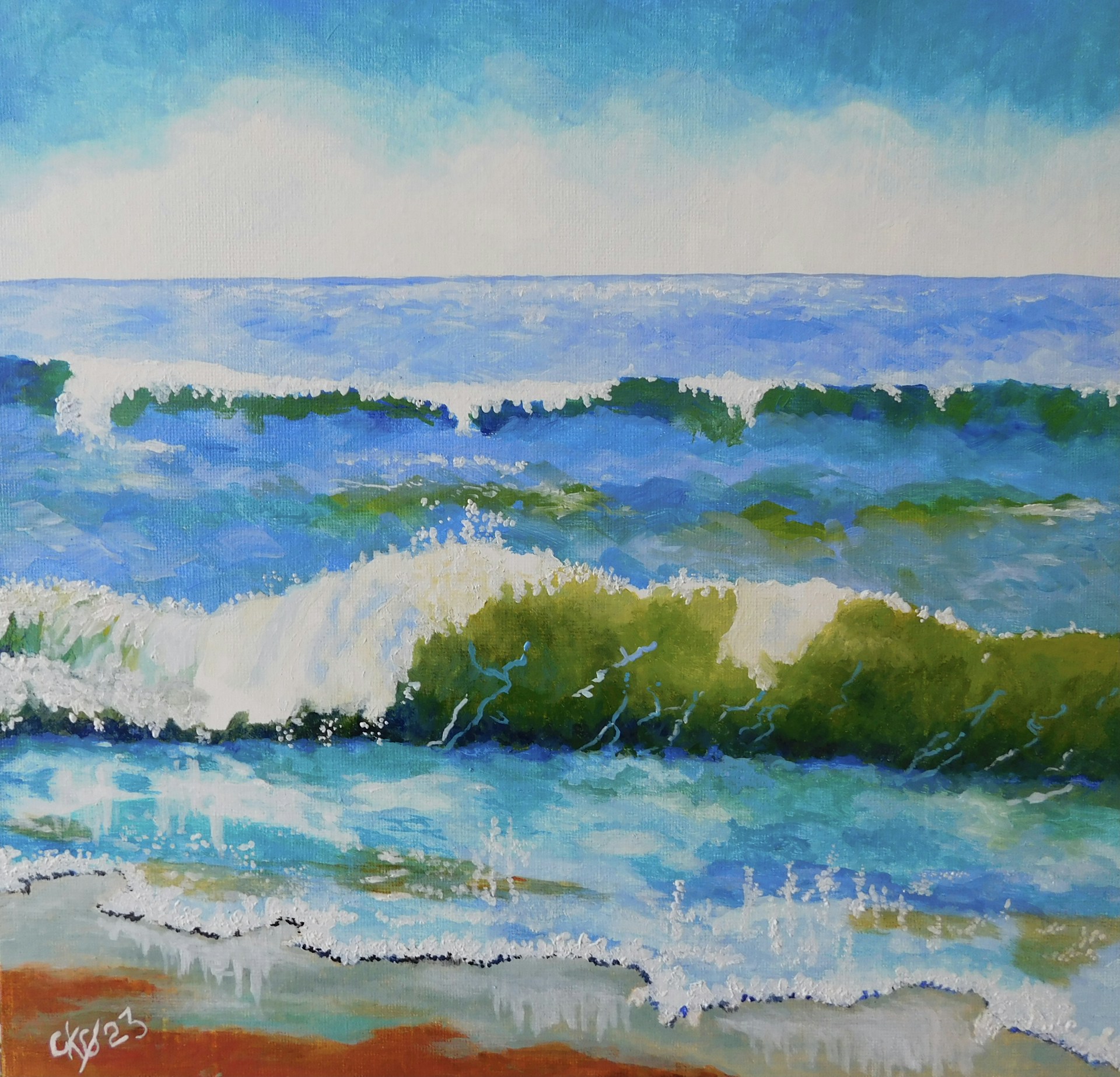 An acrylic seascape vibrating with rich blues and greens, showing waves crashing against rugged rocks.