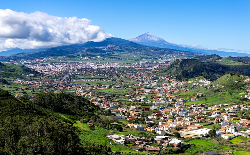 a view of a small town in the mountains