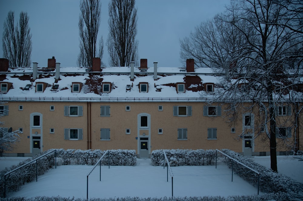 a building with a lot of windows covered in snow