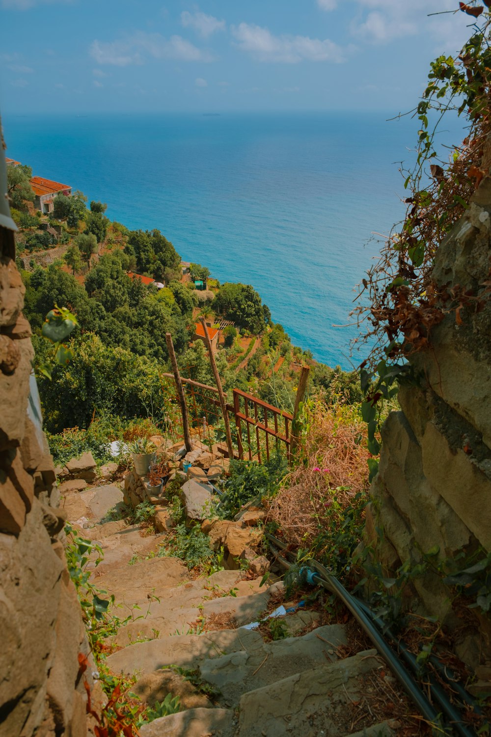 a set of stairs leading down to the ocean