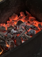 Red-hot charcoal embers glowing intensely, surrounded by black and grey burnt wood pieces within a dark container.