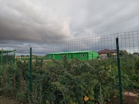 A green building surrounded by lush vegetation is visible behind a wire fence, under a cloudy sky.