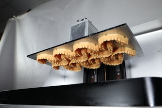 A close-up view of several dental molds aligned and held in place by a metal apparatus. The molds display detailed tooth imprints, suggesting they are used for dental purposes. The setting appears to be industrial or clinical, focusing on precision and functionality.