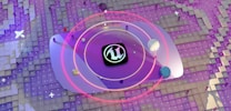 A 3D rendered scene with a futuristic, digital theme. At the center, the Unreal Engine logo is surrounded by a series of colorful spheres and rings, resembling an abstract planetary system. The background consists of textured tiles with varying shades of purple and white, interspersed with small star-like symbols. The scene conveys a sense of digital space exploration and creativity.