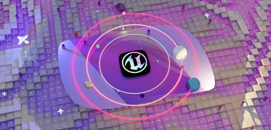 A 3D rendered scene with a futuristic, digital theme. At the center, the Unreal Engine logo is surrounded by a series of colorful spheres and rings, resembling an abstract planetary system. The background consists of textured tiles with varying shades of purple and white, interspersed with small star-like symbols. The scene conveys a sense of digital space exploration and creativity.
