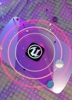 A stylized, abstract image featuring a central logo surrounded by a series of concentric circles. The backdrop consists of a tiled surface with a vibrant combination of purple and pink hues. Various spheres and grid lines add a sense of depth and motion to the composition.