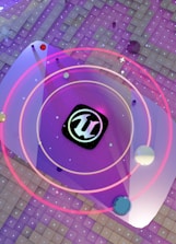 A stylized, abstract image featuring a central logo surrounded by a series of concentric circles. The backdrop consists of a tiled surface with a vibrant combination of purple and pink hues. Various spheres and grid lines add a sense of depth and motion to the composition.