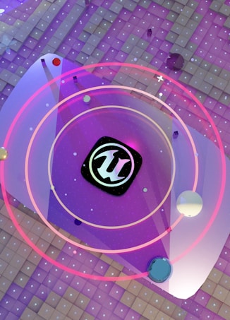 A stylized, abstract image featuring a central logo surrounded by a series of concentric circles. The backdrop consists of a tiled surface with a vibrant combination of purple and pink hues. Various spheres and grid lines add a sense of depth and motion to the composition.