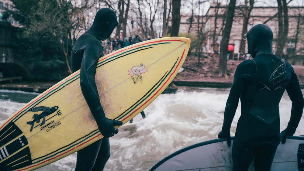 two men in wetsuits holding surfboards in front of a body of water