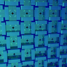 Abstract geometric pattern featuring bold blocks of red, blue, and off-white with subtle sock outlines woven subtly into the design.