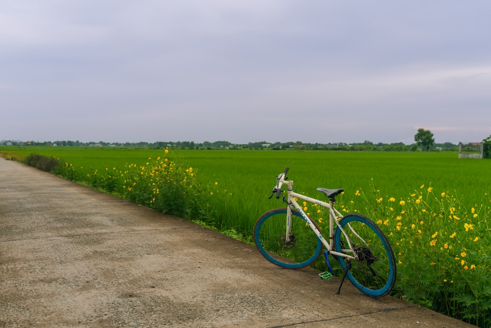 a bike parked on the side of a dirt road