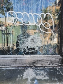 A window displays a spiderweb pattern of cracked glass with graffiti on its surface. In the background, there's a reflection of a street scene, including a brick building and a fence, with trees and a blue sky visible.