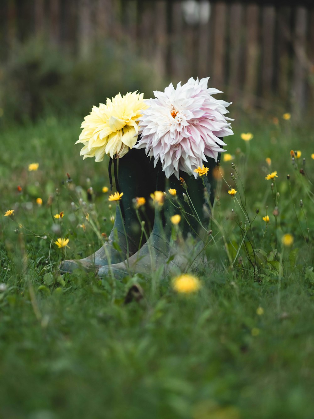 a pair of boots with flowers in them sitting in the grass
