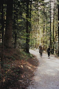 A serene family walk in nature with soft sunlight filtering through trees.