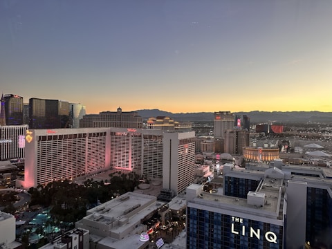 A panoramic shot of a Las Vegas neighborhood at sunset.