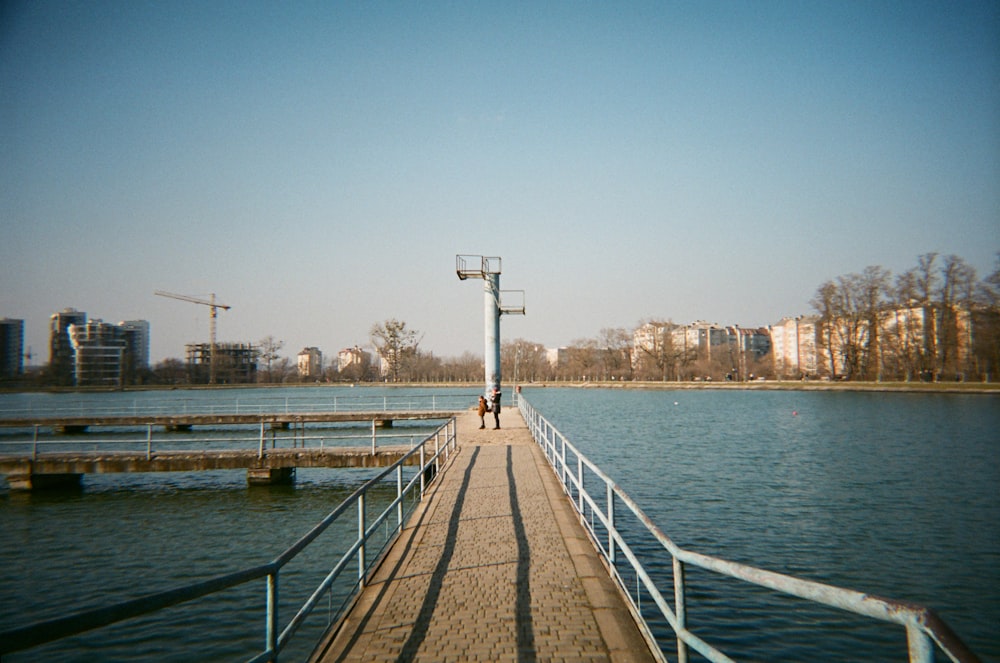 a person standing on a pier next to a body of water