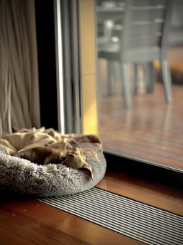 A small dog is laying on a plush, circular bed next to a large sliding glass door. The room is illuminated with natural light filtering through the glass, highlighting the wooden floor and the cozy atmosphere. Outside, a blurred view of chairs and a deck is visible.