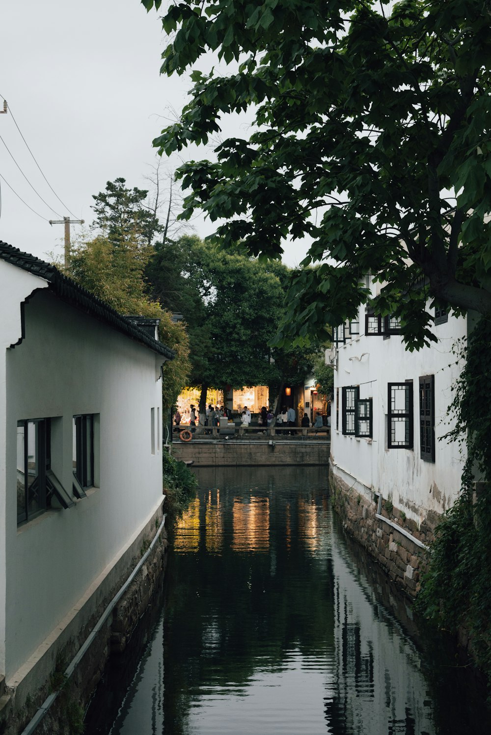 a river running between two buildings next to a forest