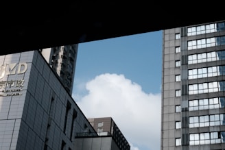 Modern aluminum window frames installed on a high-rise building reflecting the blue sky.