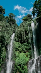 a group of people standing in front of a waterfall
