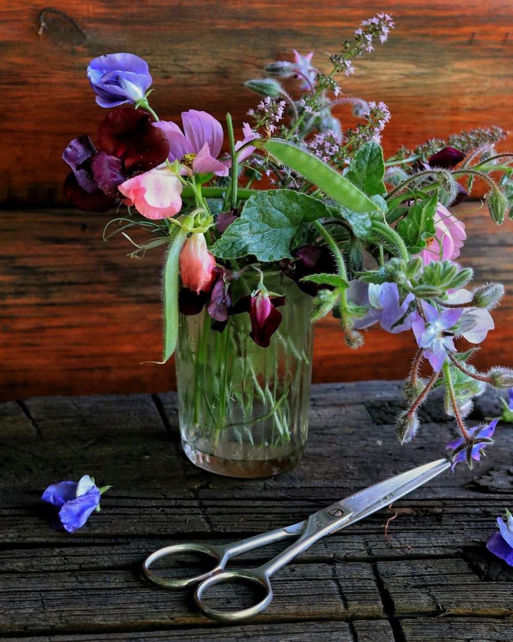 a vase filled with flowers next to a pair of scissors