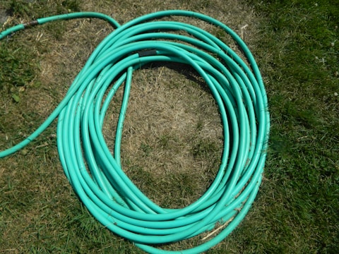 A coiled green garden hose lies on a patch of grass. The grass is mixed with dry, brown patches and lush green areas.