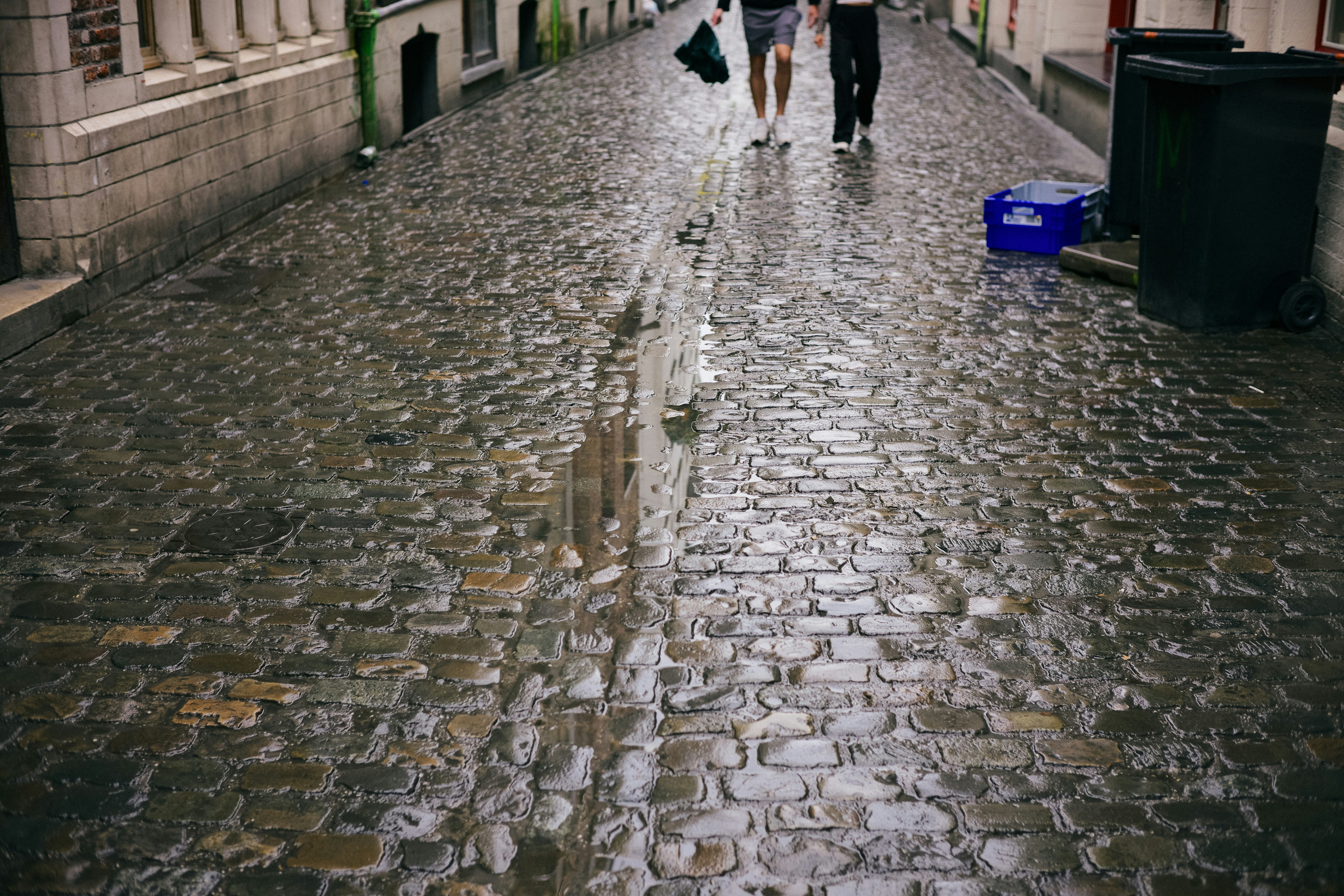 a couple of people walking down a wet street
