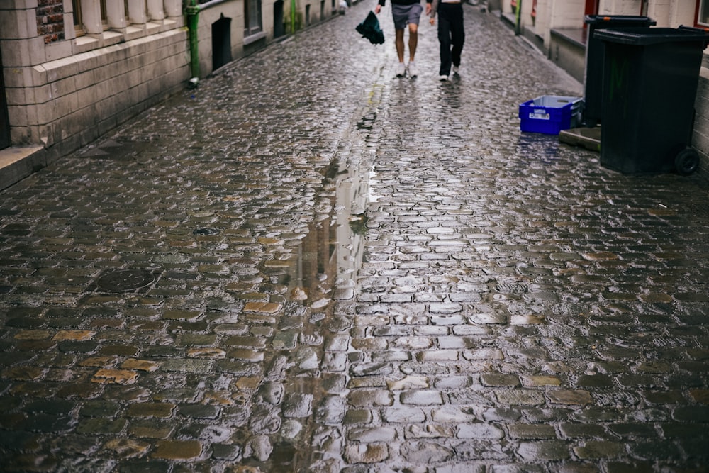a couple of people walking down a wet street