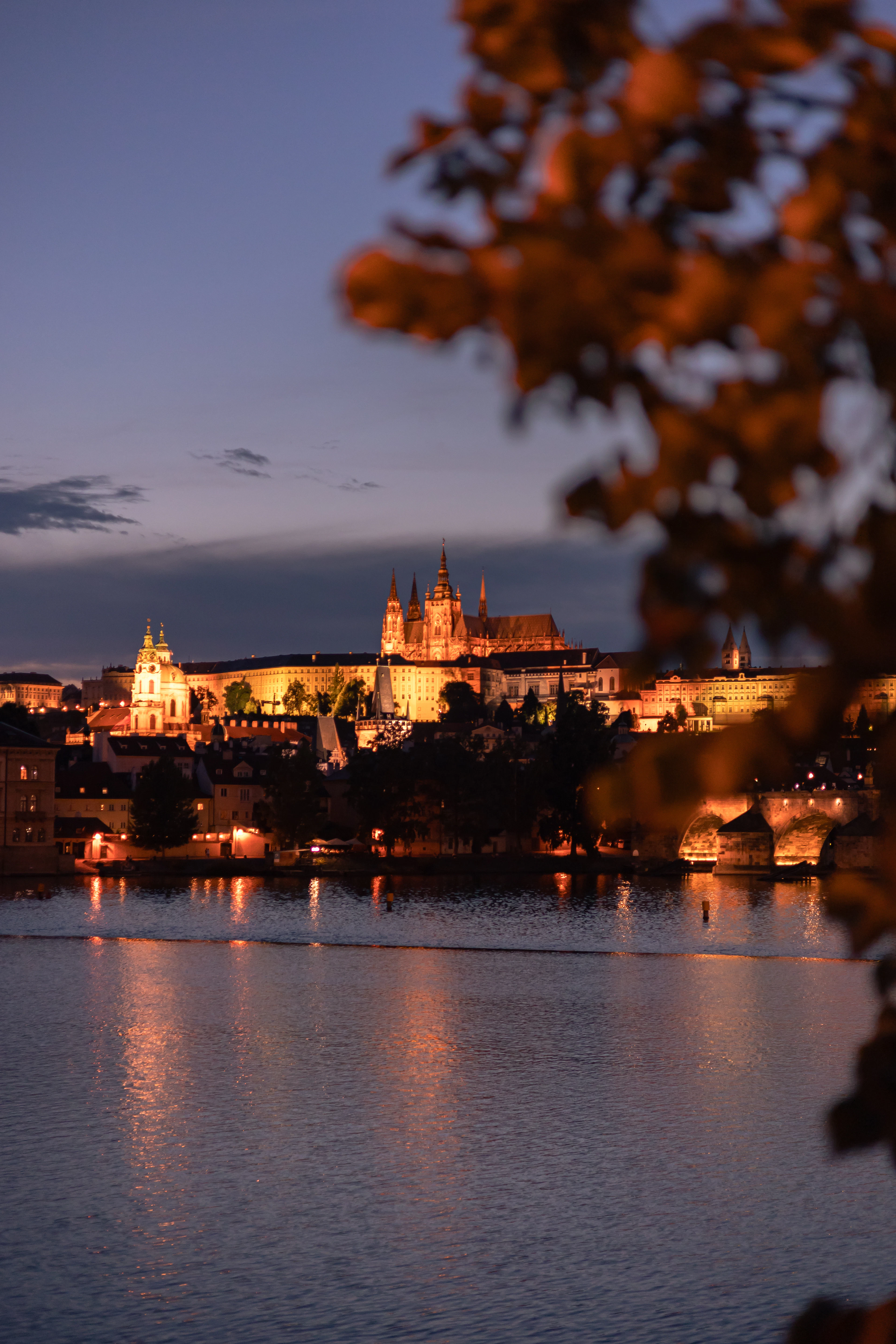 Prague Castle glows at night above the Vltava, framed by blurred autumn leaves in the foreground.