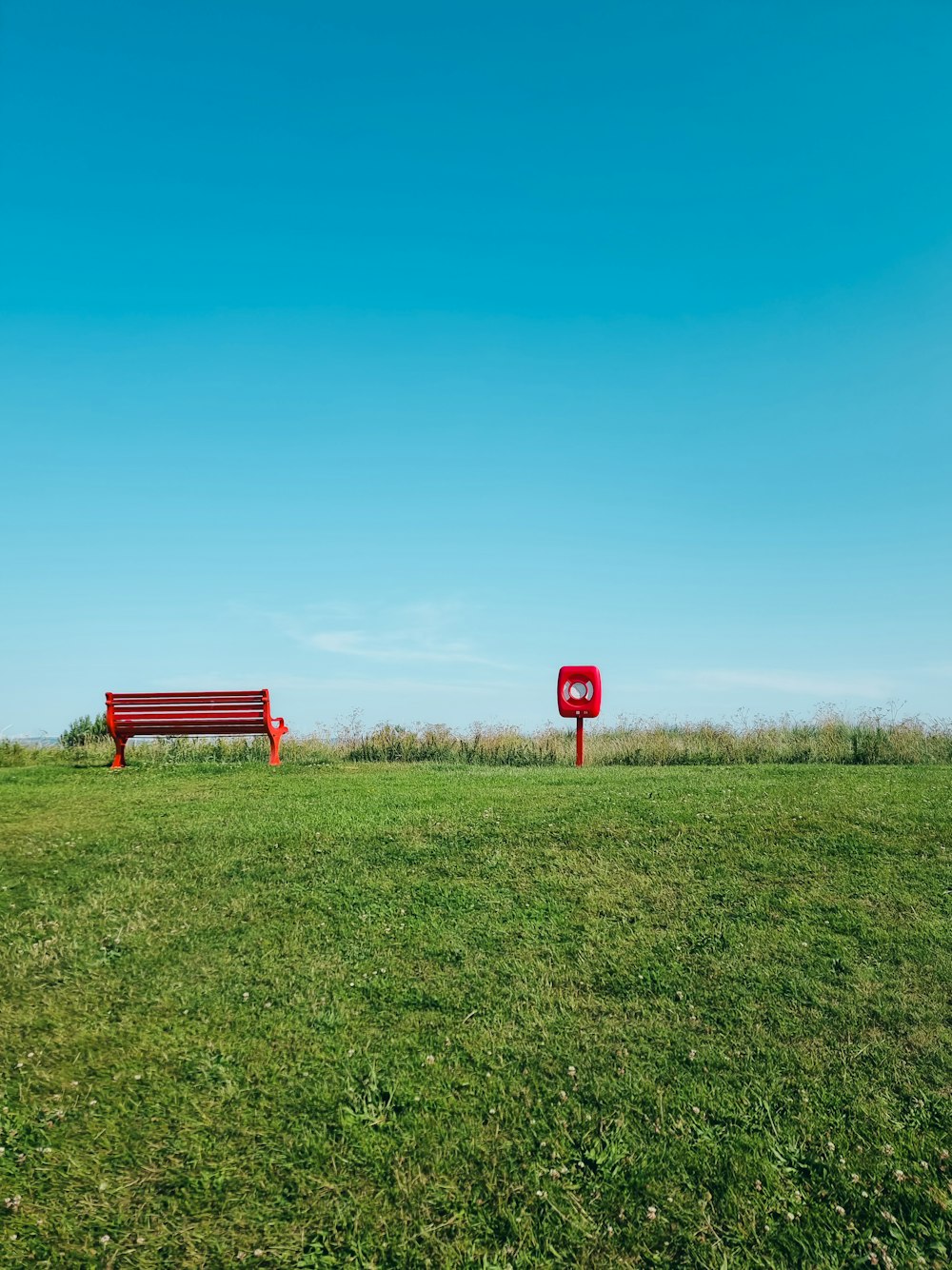two red benches sitting on top of a lush green field