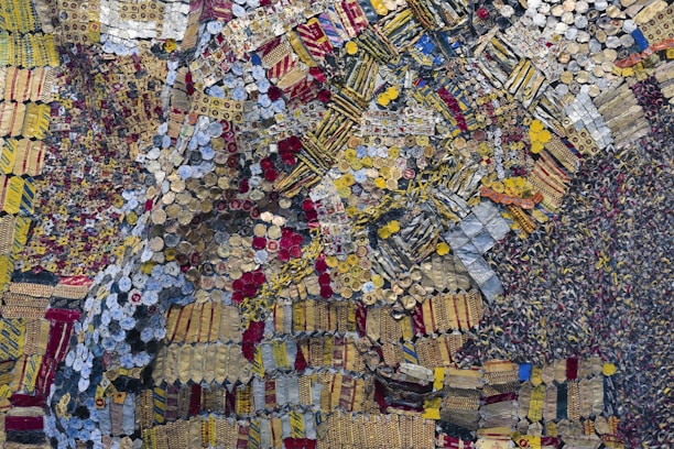 A close-up of a colorful canvas art piece showcasing intricate patterns.